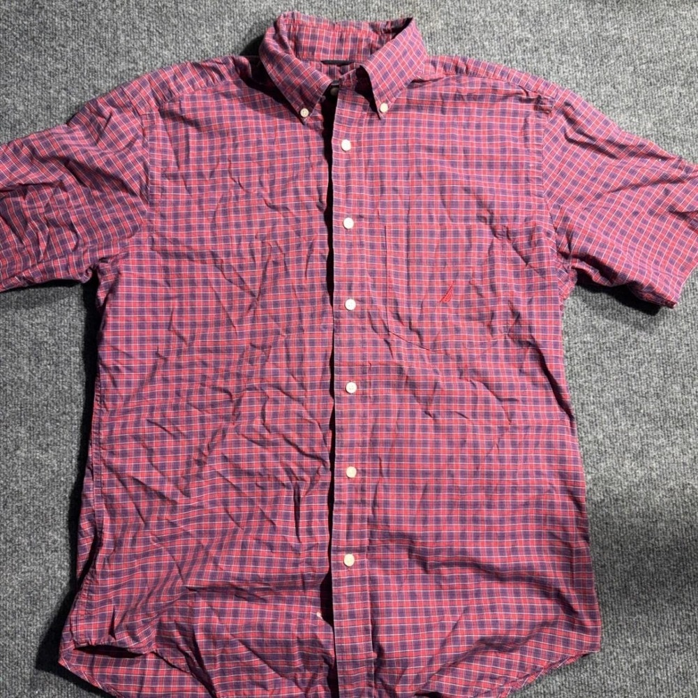 Nautica Mens Plaid Short Sleeve Button Down Shirt Red Blue Cotton Size M